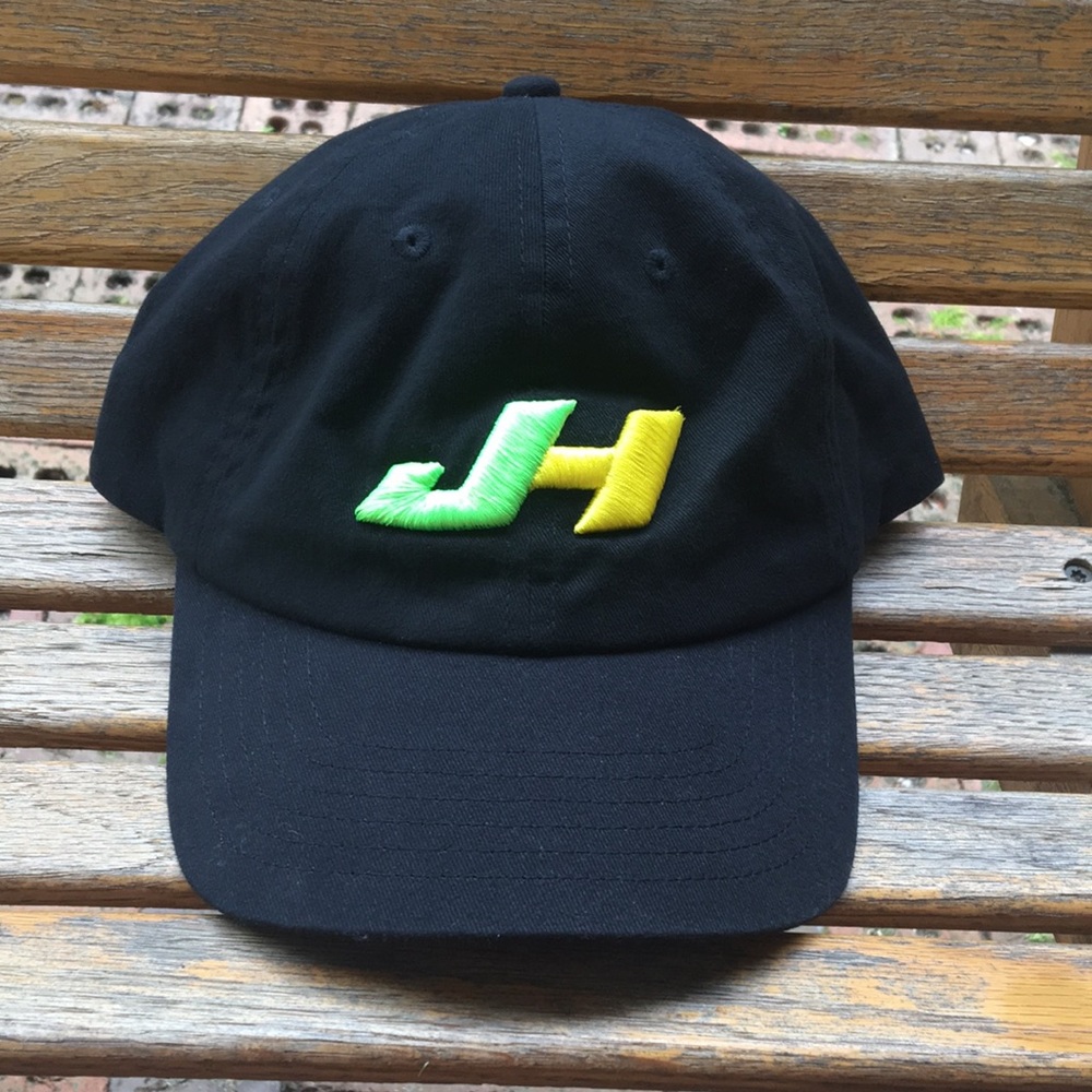JH full 6 panel black baseball style hat adjustable back strap cap